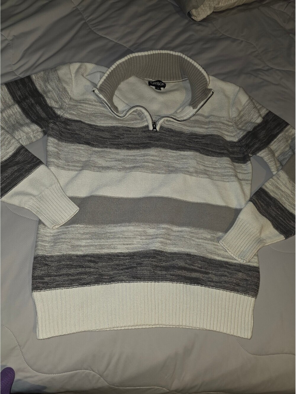 Carbon Sweater 1/4 Zip Pullover Mens Small   White Grey Dark Gray Striped  fall